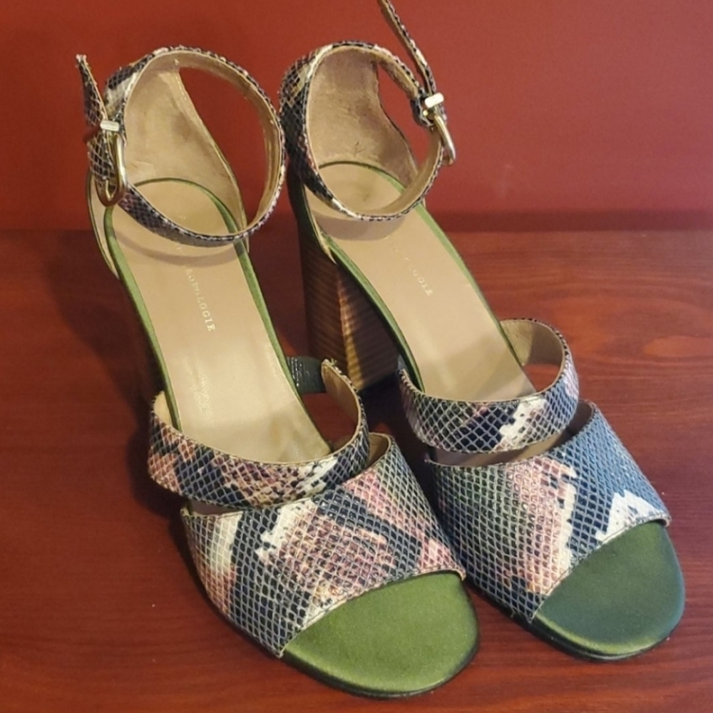 Anthropologie Snake Print Embossed Olive Satin Heeled Sandal Block Heel - size 9